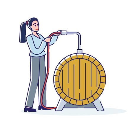 Wine Production Concept. Smiling Woman Technologist Works On Wine Plant. Character Controls Process Of Fermentingのイラスト素材