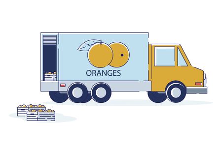 Concept Of Fruits Global Import, Export And Transportation. Delivery Truck With Logo With Open Tail Gateのイラスト素材