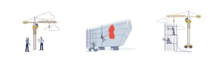 Concept Of Shipyard. People Do Shipbuilding. Team Of Workers Repair Big Vessel. Low Poly Ship...