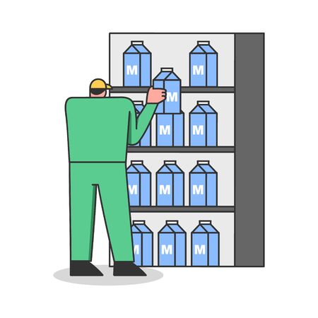 Concept Of Dairy Production. Male Character Factory Worker Work On Milk Factory, Arranging Finished Dairy Productsのイラスト素材