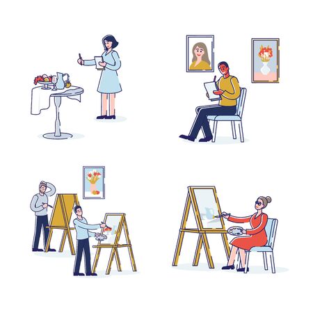Art School Human Creativity And Talents. Male And Female Artists Study To Paint Portraits And Still Lifes At Art Schoolのイラスト素材