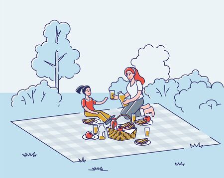 Family on picnic in park. Mother with daughter, outdoor recreation conceptのイラスト素材