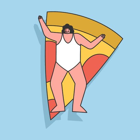Cartoon woman floating on air mattress in sea or swimming pool. Girl enjoy water and summer sunのイラスト素材