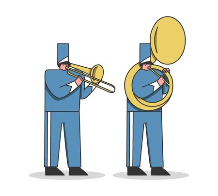 Military orchestra musicians in festival uniform playing trombone and trumpetのイラスト素材
