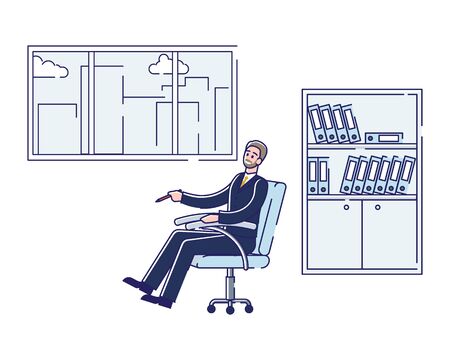 Business man sitting in office seat holding pen for contract or negotiation signingのイラスト素材