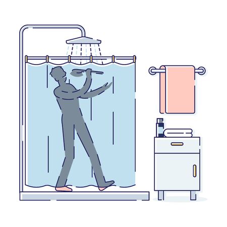 Silhouette man sing while taking shower. Relaxed and happy male enjoy bathingのイラスト素材