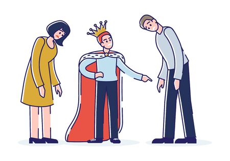 Spoiled child with tired parents. Egoist son wearing crown screaming at mother and fatherのイラスト素材