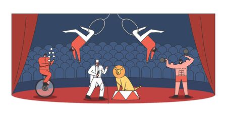 Circus arena and performers show. Juggler, tamer with lion, strongman and acrobat making showのイラスト素材