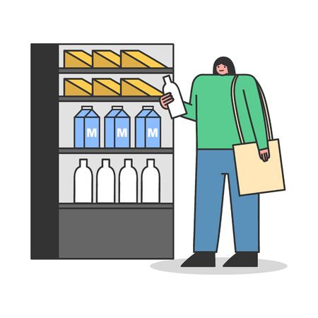 Woman with ecobag in grocery store. Female character customer buying food in supermarket using reusable eco cloth bag from recycled materials. Cartoon flat vector illustrationのイラスト素材