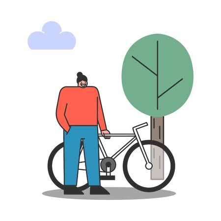 Woman cyclist with bicycle in park. Female standing with cycle having rest during morning ride. Healthy lifestyle and sport concept. Cartoon flat vector illustrationのイラスト素材