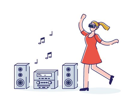 Woman in virtual reality glasses dancing. Happy girl wearing digital vr headset has dance simulation. Augmented reality modern technology and cyberspace concept. Cartoon linear vector illustrationのイラスト素材