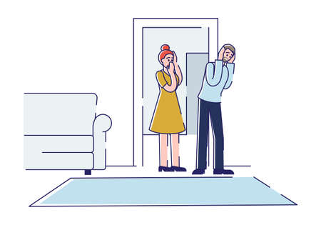 Sad parents upset with children bad behavior and discipline problems. Parenthood and naughty kids upbringing concept. Unhappy mother and father at home. Linear vector illustrationのイラスト素材