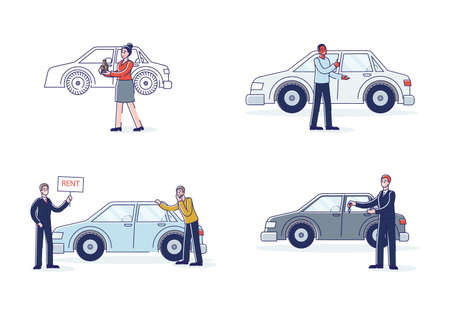 Car rent service and clients. Set of cartoon characters taking cars for rent and dealers selling new vehicles giving keys of auto to dealership clients. Linear vector illustrationのイラスト素材