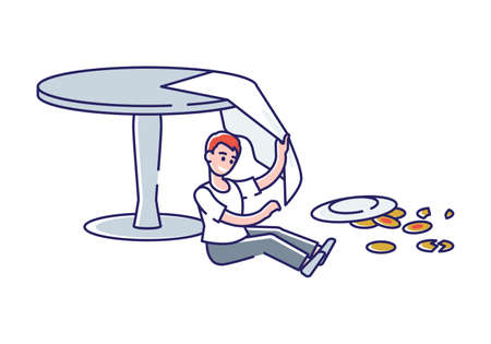 Naughty boy make mess with table, breakfast and tablecloth. Bad manners and behavior of kid conceptのイラスト素材