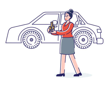 Car rent service or buying. Business woman with golden coins standing at carのイラスト素材