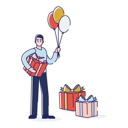 Man with presents boxes and air balloons happy smiling. Cartoon male character holding gifts over white background. Holiday, birthday or new year celebration concept. Linear vector illustrationのイラスト素材