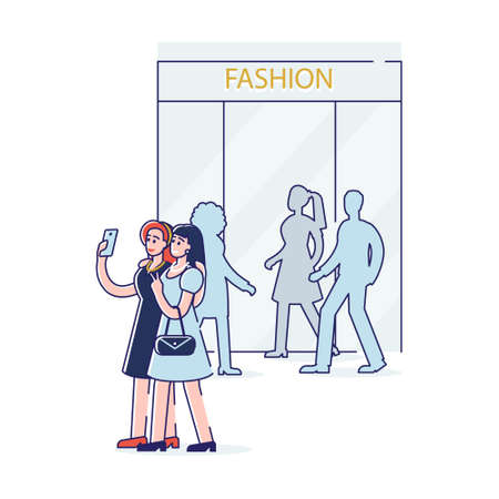 Two young women taking selfie photo while shopping or walking outdoors or in shopping mallのイラスト素材