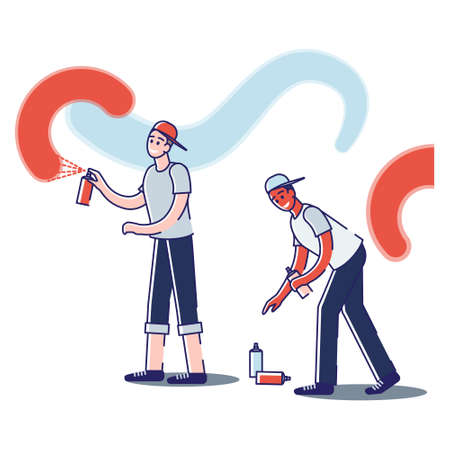 Graffiti artist young guys in cap spraying street art. Modern graffiti spray concept
