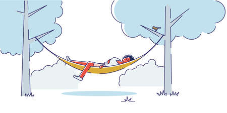 Woman lying in hammock between trees in park or garden. Cartoon female relaxing sleep outdoorsのイラスト素材