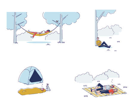 Set of people sleeping outdoors. Men and women relaxing while picnic in park or hiking travelのイラスト素材