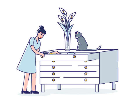 Woman putting clothes in drawers chest. Tidy female character organizing clothing at homeのイラスト素材