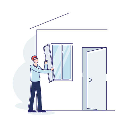 Man putting mosquito net on window to protect home from insects outdoorsのイラスト素材
