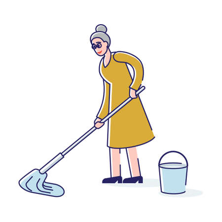 Old woman washing floor with mop and bucket. Household and home cleaning conceptのイラスト素材