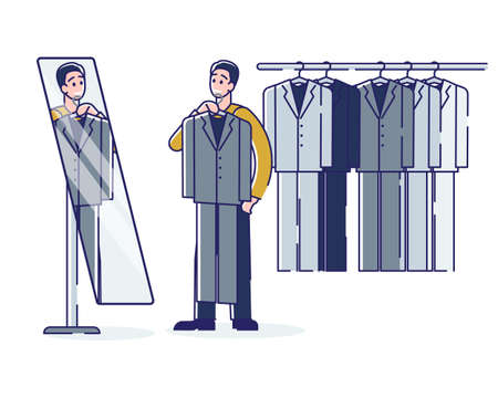 Man choosing new suit hold hanger with jacket and pants in front of mirrorのイラスト素材