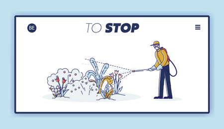 Garden pests protection landing page. Man spraying pesticide and insecticide on flowers in gardenのイラスト素材