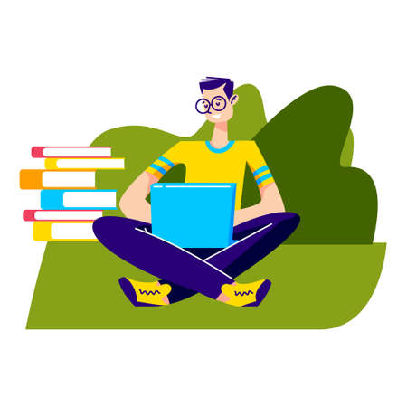 Man with laptop working or studying outdoors. Remote education and freelance job conceptのイラスト素材