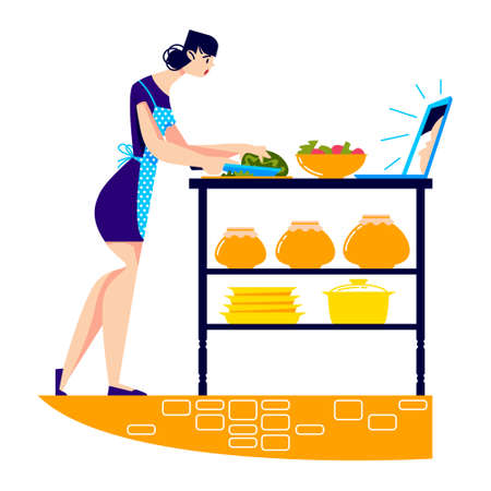 Woman cooking dinner watch food video blog on laptop. Cartoon female prepare salad with video recipeのイラスト素材