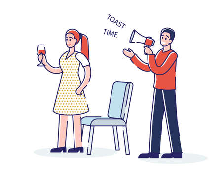 Toast time during celebration event. Anniversary or wedding party host asking people for toastingのイラスト素材