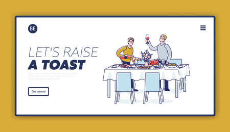 Lets raise a toast template for landing page with males standing at holiday table with wine glassesのイラスト素材