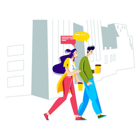 Young people walking, drinking coffee and talking. Friends or colleagues outdoors on coffee breakのイラスト素材