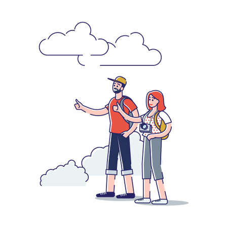 Young couple with backpacks and camera stand on road and hitchhiking. Couple of backpackers travelのイラスト素材