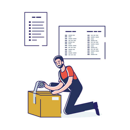 Man packing parcel in cardboard box using tape. Post office courier pack containerのイラスト素材