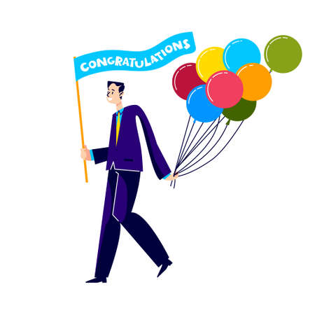 Man holding bunch of balloons. Cartoon male congratulating with holiday eventのイラスト素材