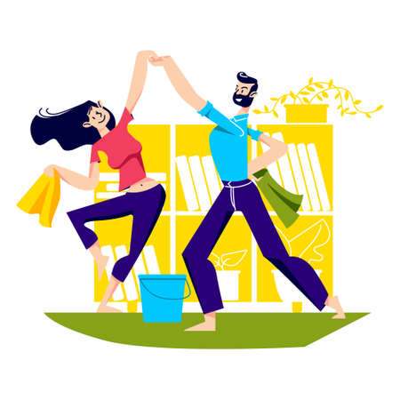 Couple cleaning house and dancing. Funny man and woman have fun doing housework togetherのイラスト素材