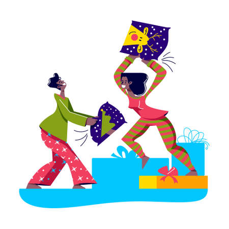 Couple fighting with pillows wearing pajamas in bed before sleep. Funny cartoon characters playingのイラスト素材