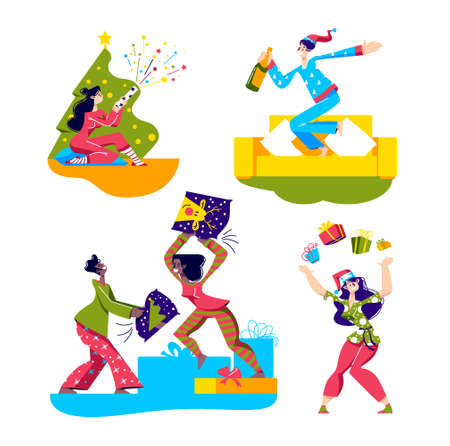 Pajama party set with cartoon characters in pajamas celebrating holidays and staying for sleepoverのイラスト素材