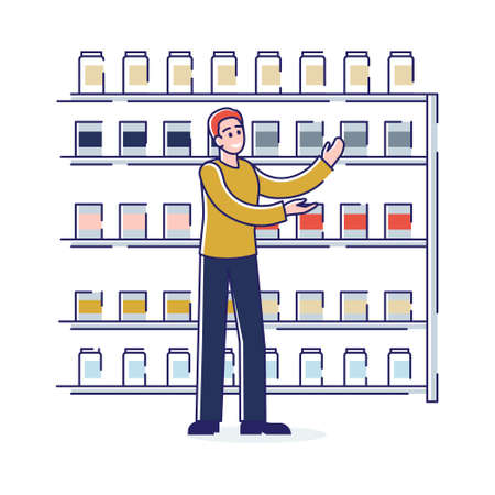 Man choosing paint color for house renovation works in store with big assortment for paintingのイラスト素材