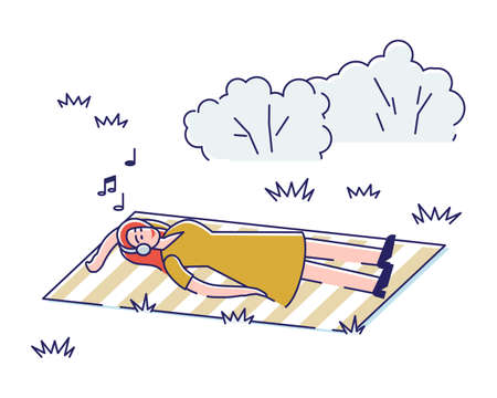 Young girl listen to music lying on blanket in park. Woman enjoy music with closed eyes outdoorsのイラスト素材
