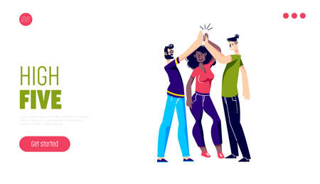 Friends communication, help and support landing page with people giving high fiveのイラスト素材