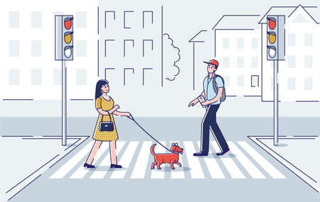 Pedestrians crossing street. Man and woman with dog moving on crosswalkのイラスト素材