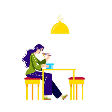 Woman eating noodles, udon or ramen from paper box for street food takeawayのイラスト素材
