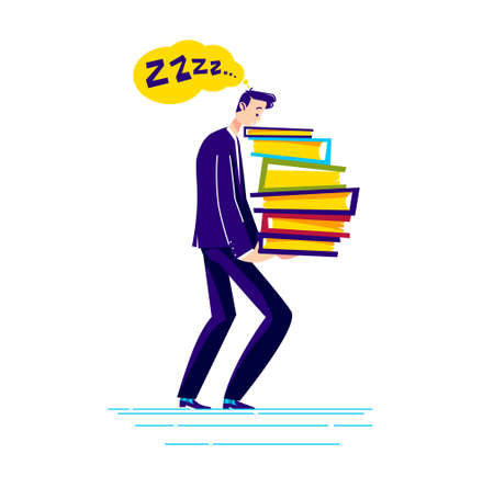 Tired businessman holding pile of document folders exhausted and overloadedのイラスト素材