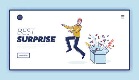 Best surprise landing page with man running away from box with fireworksのイラスト素材