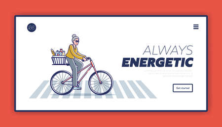 Senior woman riding bike. Active aged female with grey hair cycling on bicycleのイラスト素材