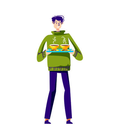 Young man holding tray with cups of hot tea or coffee. Guy in casual making and serving beveragesのイラスト素材