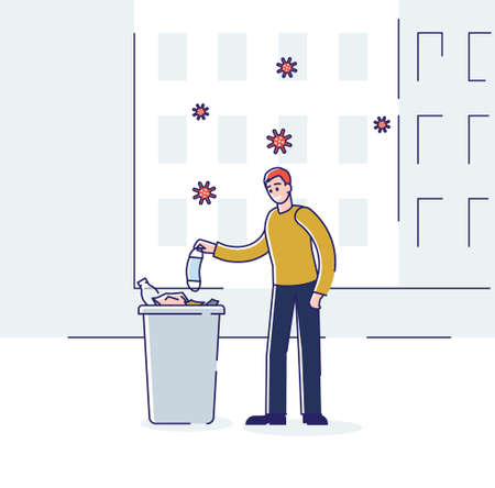 Man throwing medical mask in waste bin during coronavirus epidemic and quarantineのイラスト素材